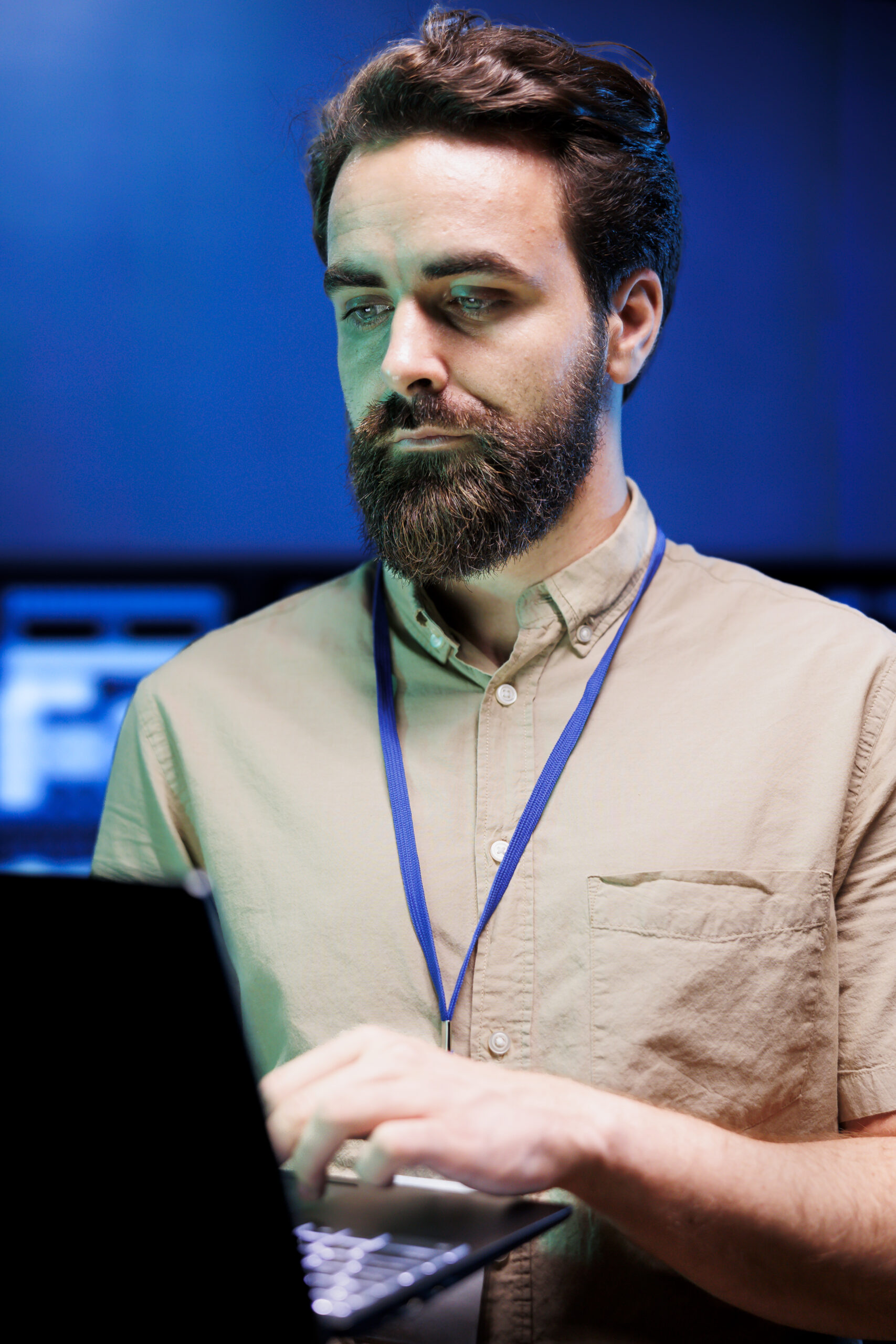 Employee working in server farm